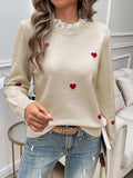 Lace Detail Heart Long Sleeve Sweater - Trendsi - Flyclothing LLC
