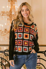 BiBi Granny Square Front Long Sleeve Top - Trendsi - Flyclothing LLC