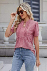 Notched Short Sleeve Solid Color Top - Trendsi - Flyclothing LLC