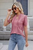 Notched Short Sleeve Solid Color Top - Trendsi