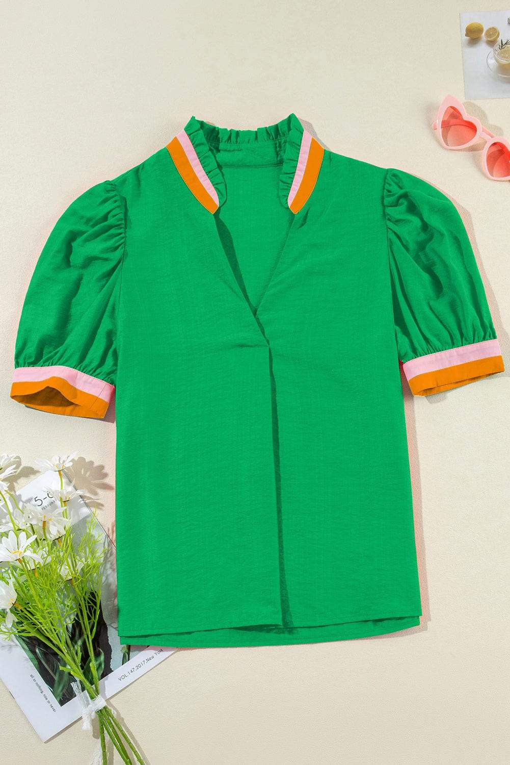 Contrast Trim Notched Short Sleeve Blouse - Trendsi - Flyclothing LLC