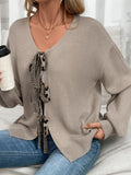 Perfee Tied Contrast Heart V-Neck Long Sleeve Cardigan - Trendsi