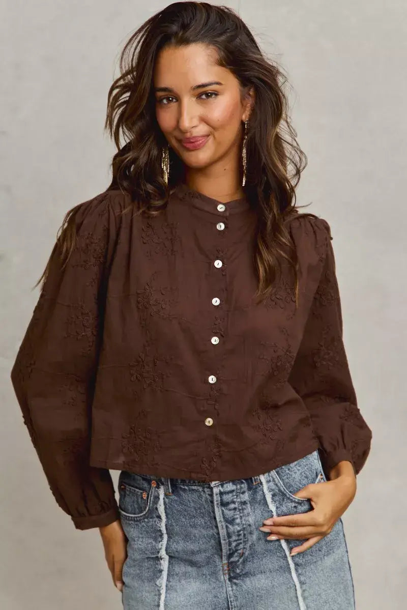 SO ME 3d Floral Woven Long Sleeve Front Button Shirt - Trendsi - Flyclothing LLC