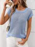 Openwork Round Neck Short Sleeve Knit Cover Up - Trendsi