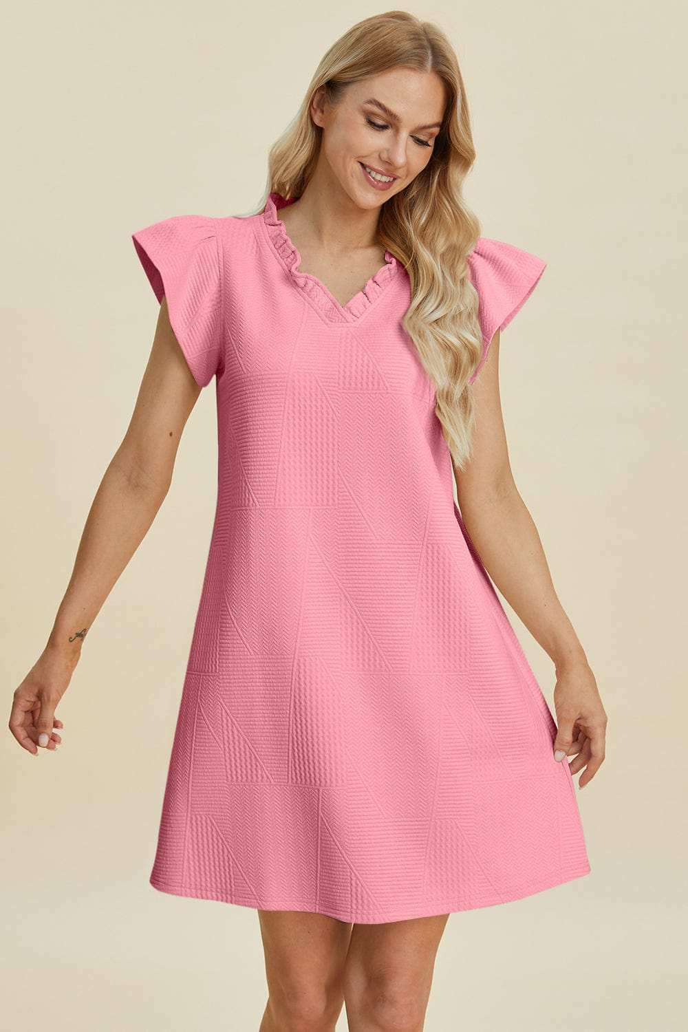 Double Take Full Size Ruffled V-Neck Cap Sleeve Dress - Trendsi - Flyclothing LLC