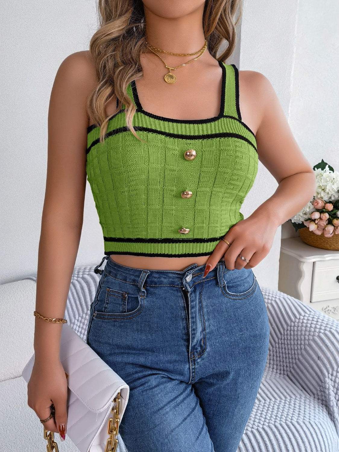 Decorative Button Wide Strap Knit Cami - Trendsi - Flyclothing LLC