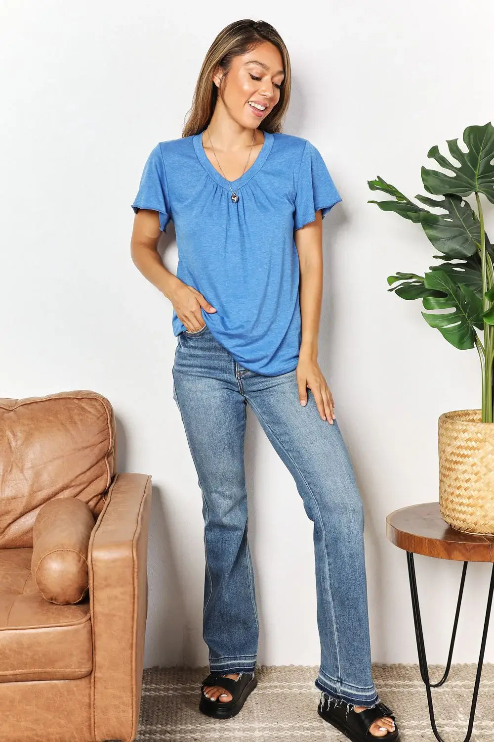 Double Take Ruched V-Neck Short Sleeve T-Shirt - Trendsi - Flyclothing LLC