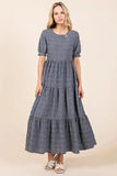 BOMBOM Textured Short Sleeve Tiered Dress - Trendsi