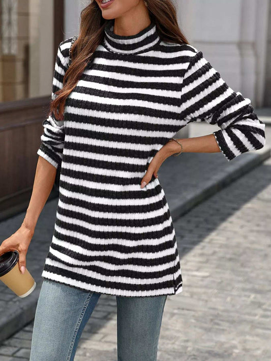 Striped Turtleneck Long Sleeve Knit Top - Trendsi - Flyclothing LLC