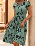 Tied Pleated Printed Cap Sleeve Dress - Trendsi - Flyclothing LLC