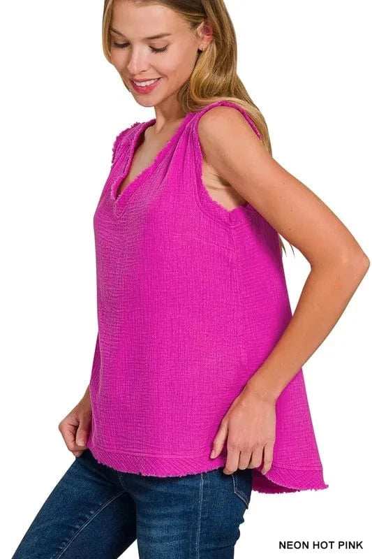 Zenana Double Gauze Raw Edge V-Neck Tank - Trendsi - Flyclothing LLC