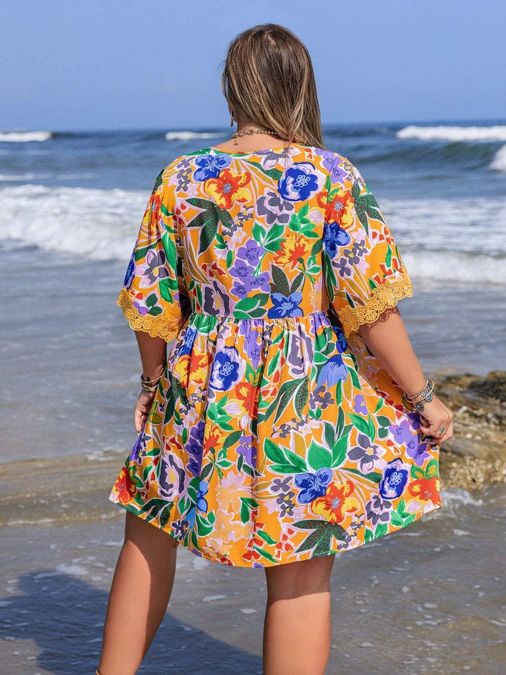 Plus Size Lace Detail Printed Tie Neck Half Sleeve Dress - Trendsi - Flyclothing LLC