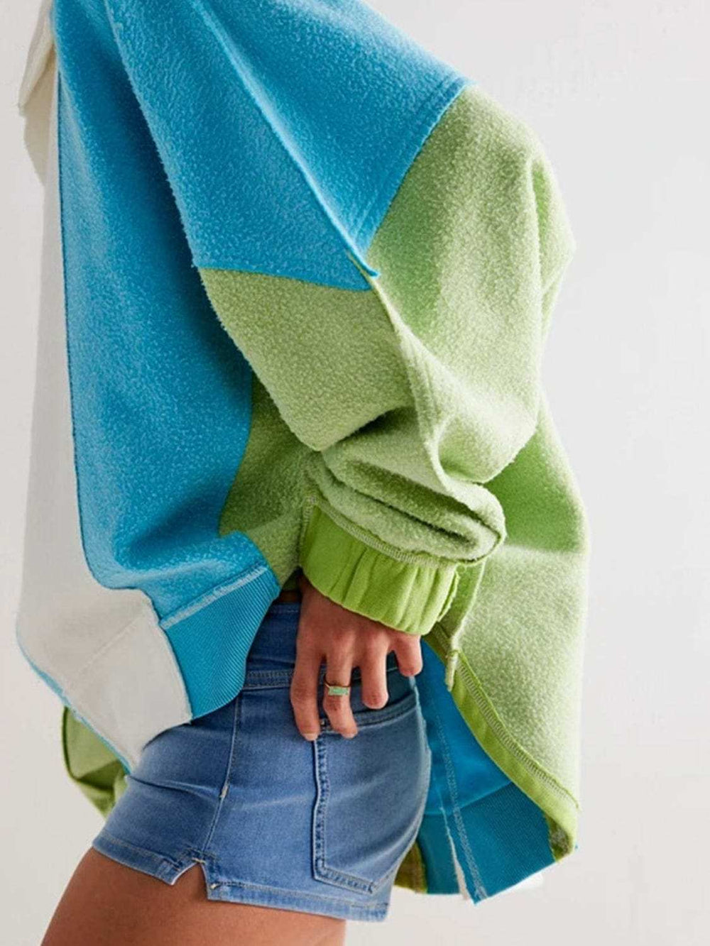 High-Low Exposed Seam Contrast Long Sleeve Sweatshirt - Trendsi - Flyclothing LLC