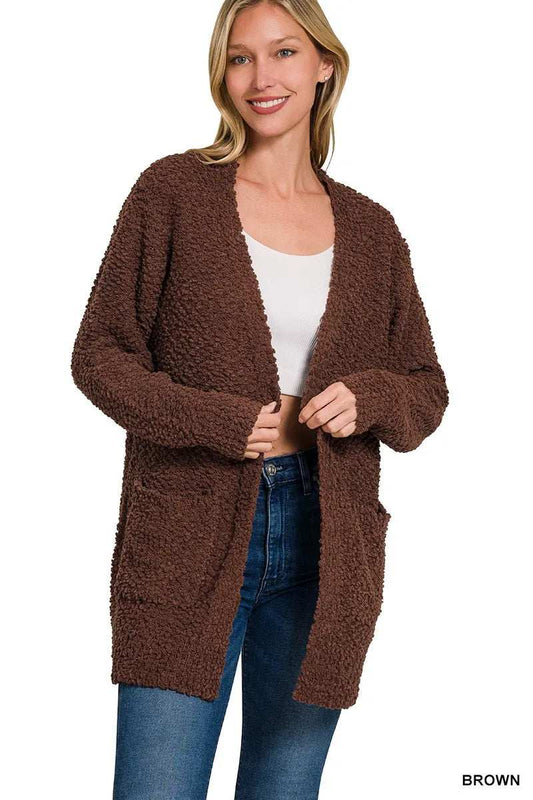 Zenana Long Sleeve Popcorn Sweater Cardigan with Pockets - Trendsi - Flyclothing LLC