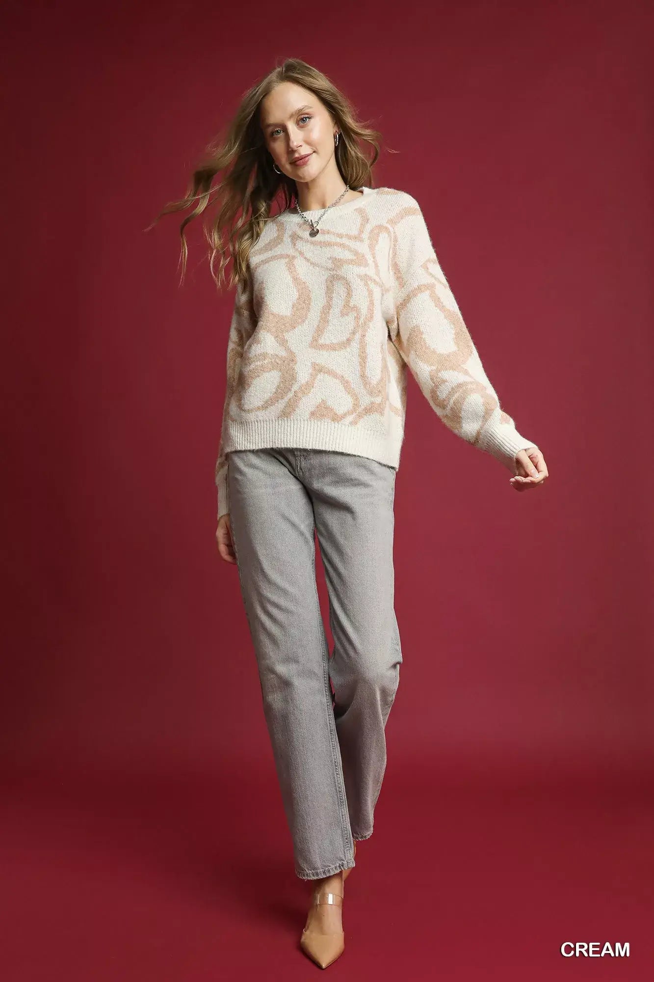 Umgee Heart Print Crew Neck Sweater - Trendsi - Flyclothing LLC