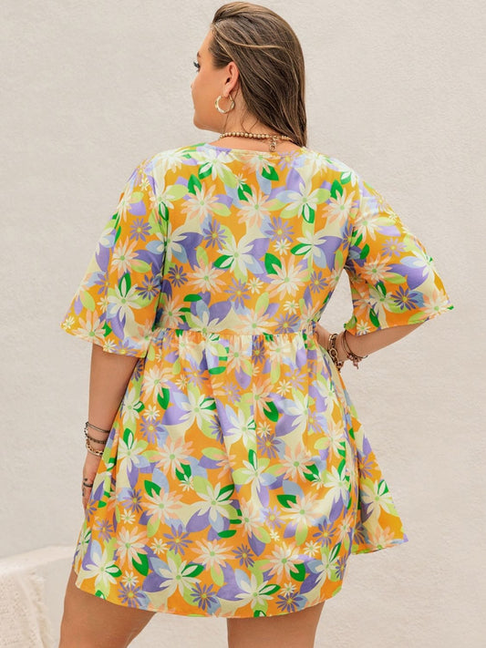 Plus Size Printed V-Neck Half Sleeve Mini Dress - Trendsi