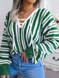 Striped Lace-Up Long Sleeve Sweater - Trendsi - Flyclothing LLC