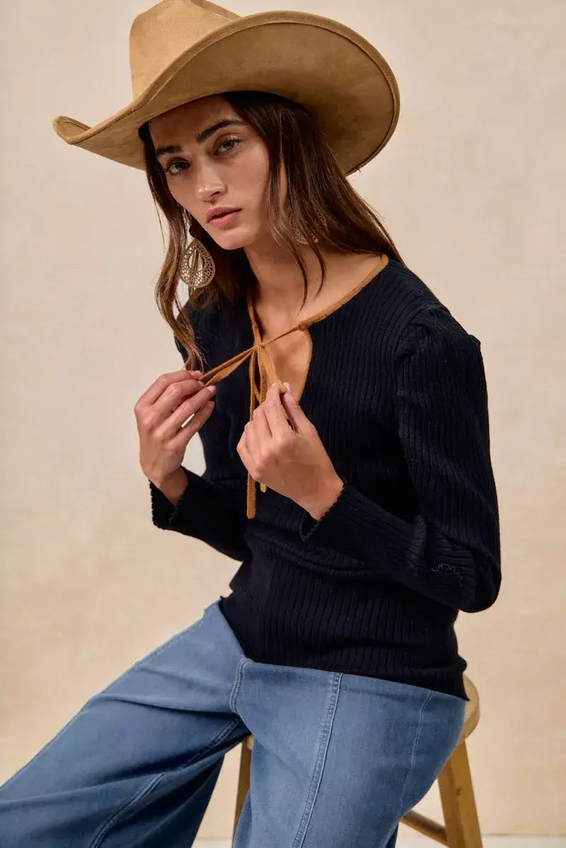 BiBi Ribbed Contrast Front Tied Top with Shrried - Trendsi - Flyclothing LLC