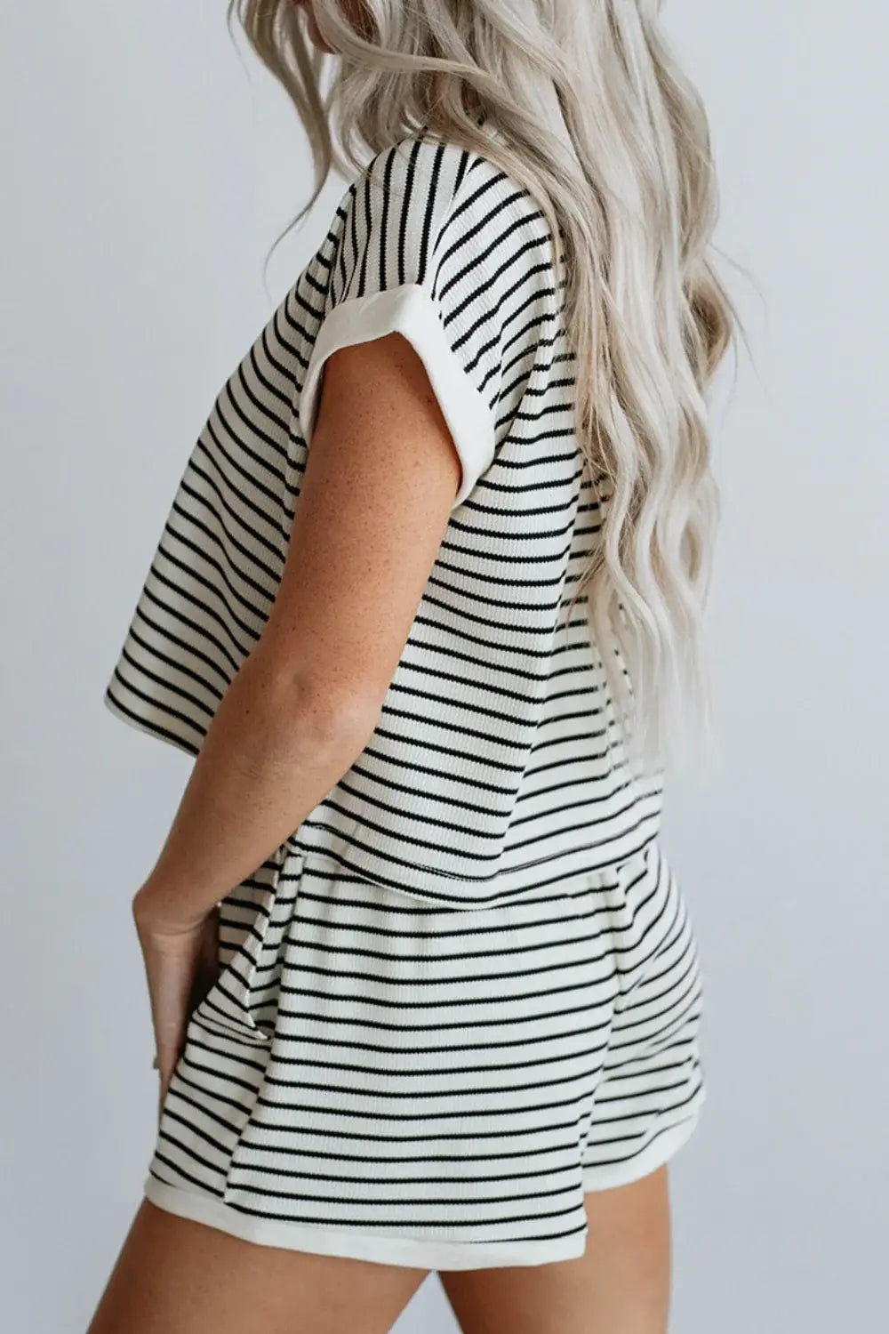 Striped Contrast Top and Shorts Set - Trendsi - Flyclothing LLC