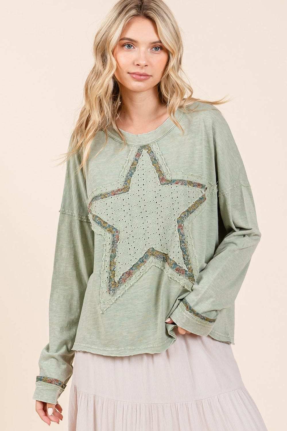 Mittoshop Mineral Wash Star Patch Long Sleeve T-Shirt - Trendsi - Flyclothing LLC
