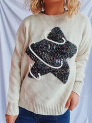 Contrast Star Round Neck Long Sleeve Sweater - Trendsi