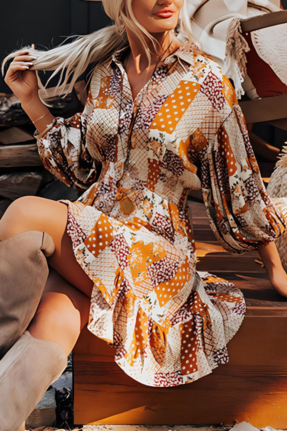 Printed Collared Neck Three-Quarter Sleeve Mini Shirt Dress - Trendsi