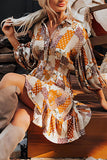 Printed Collared Neck Three-Quarter Sleeve Mini Shirt Dress - Trendsi