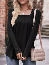Pleated Square Neck Long Sleeve T-Shirt - Trendsi - Flyclothing LLC