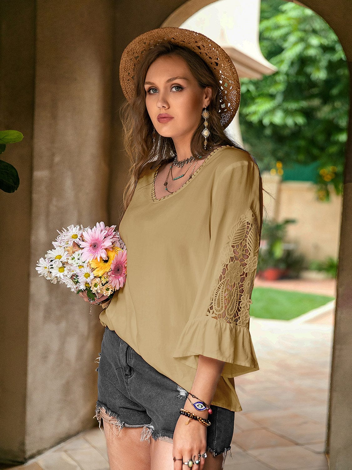 Plus Size Lace Detail V-Neck Flounce Sleeve Blouse - Trendsi