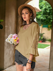 Plus Size Lace Detail V-Neck Flounce Sleeve Blouse - Trendsi