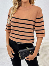 Striped Round Neck Half Sleeve Knit Top - Trendsi - Flyclothing LLC