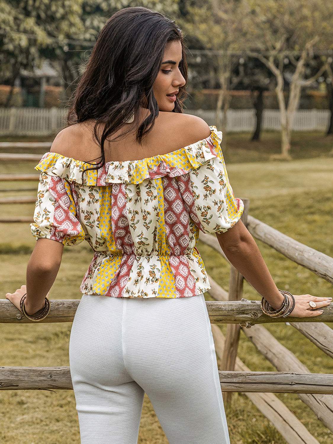 Ruffled Printed Off-Shoulder Short Sleeve Blouse - Trendsi - Flyclothing LLC