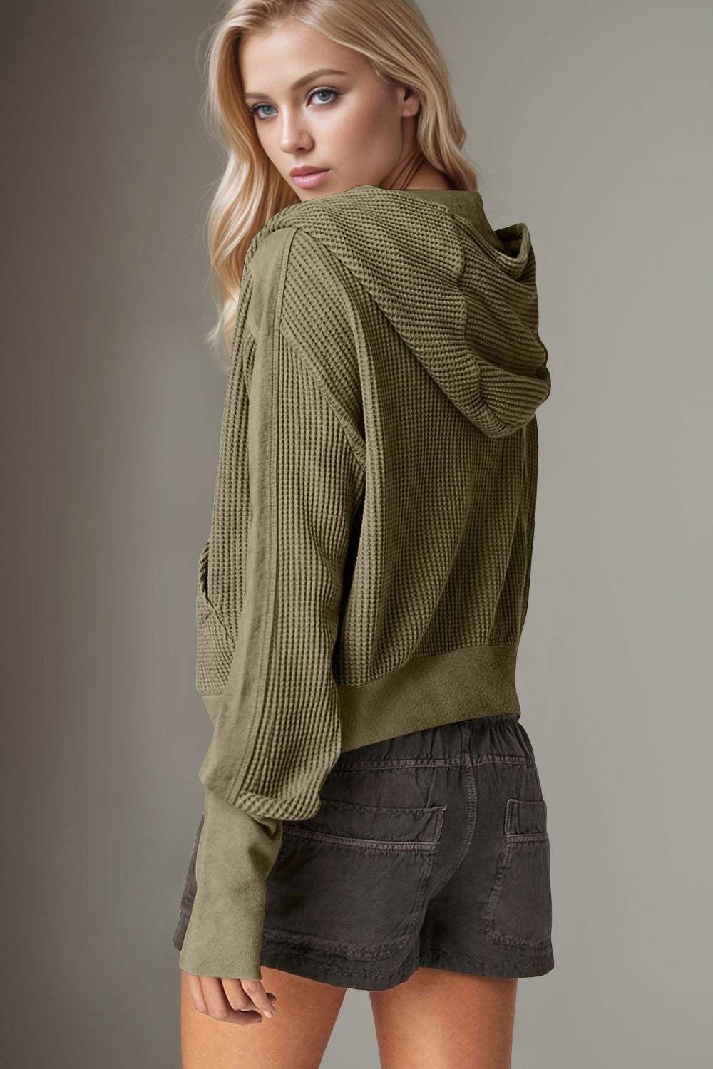 Double Take Waffle-Knit Zip Up Long Sleeve Hooded Jacket - Trendsi - Flyclothing LLC