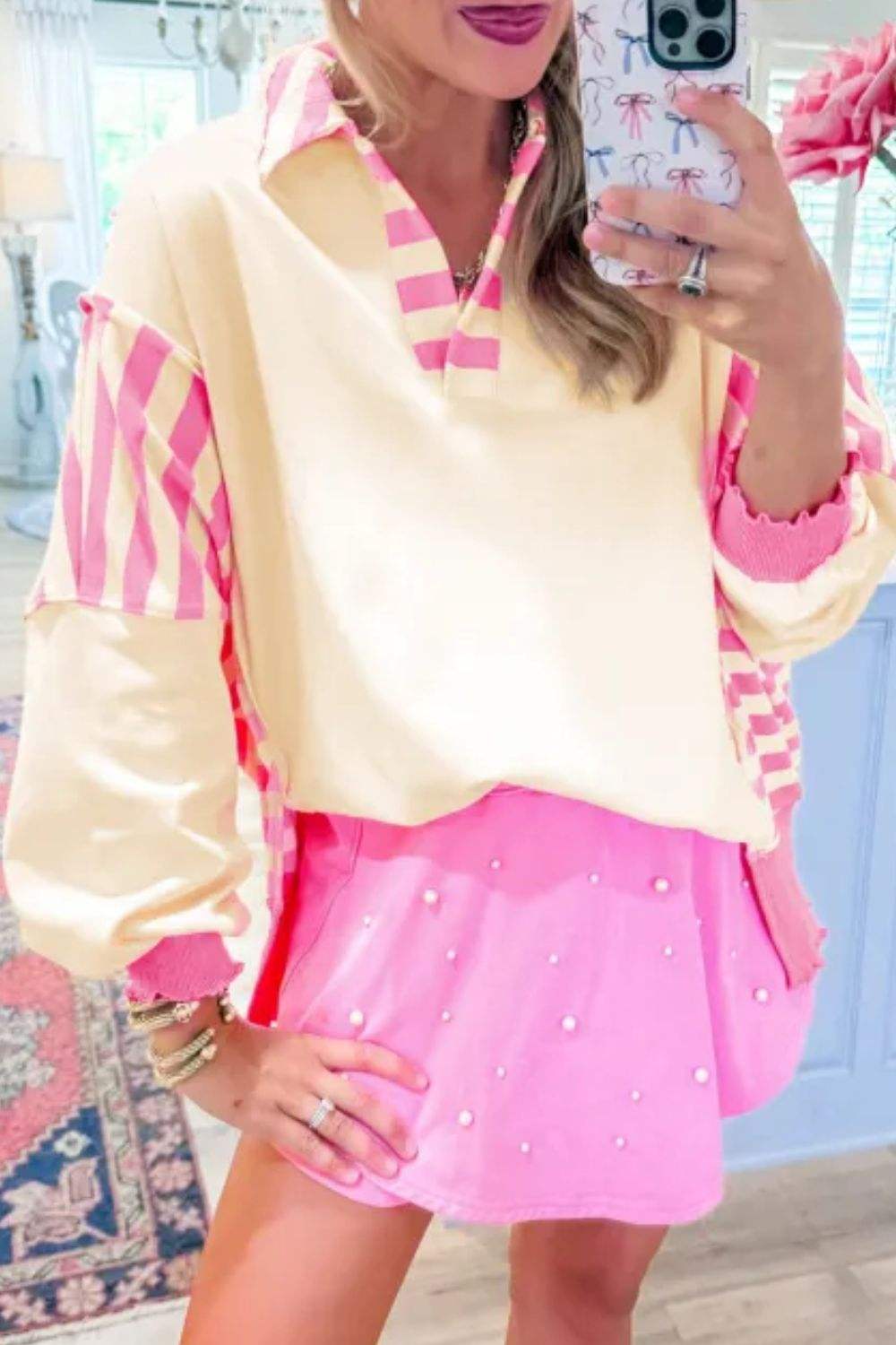 Striped Johnny Collar Long Sleeve Sweatshirt - Trendsi - Flyclothing LLC