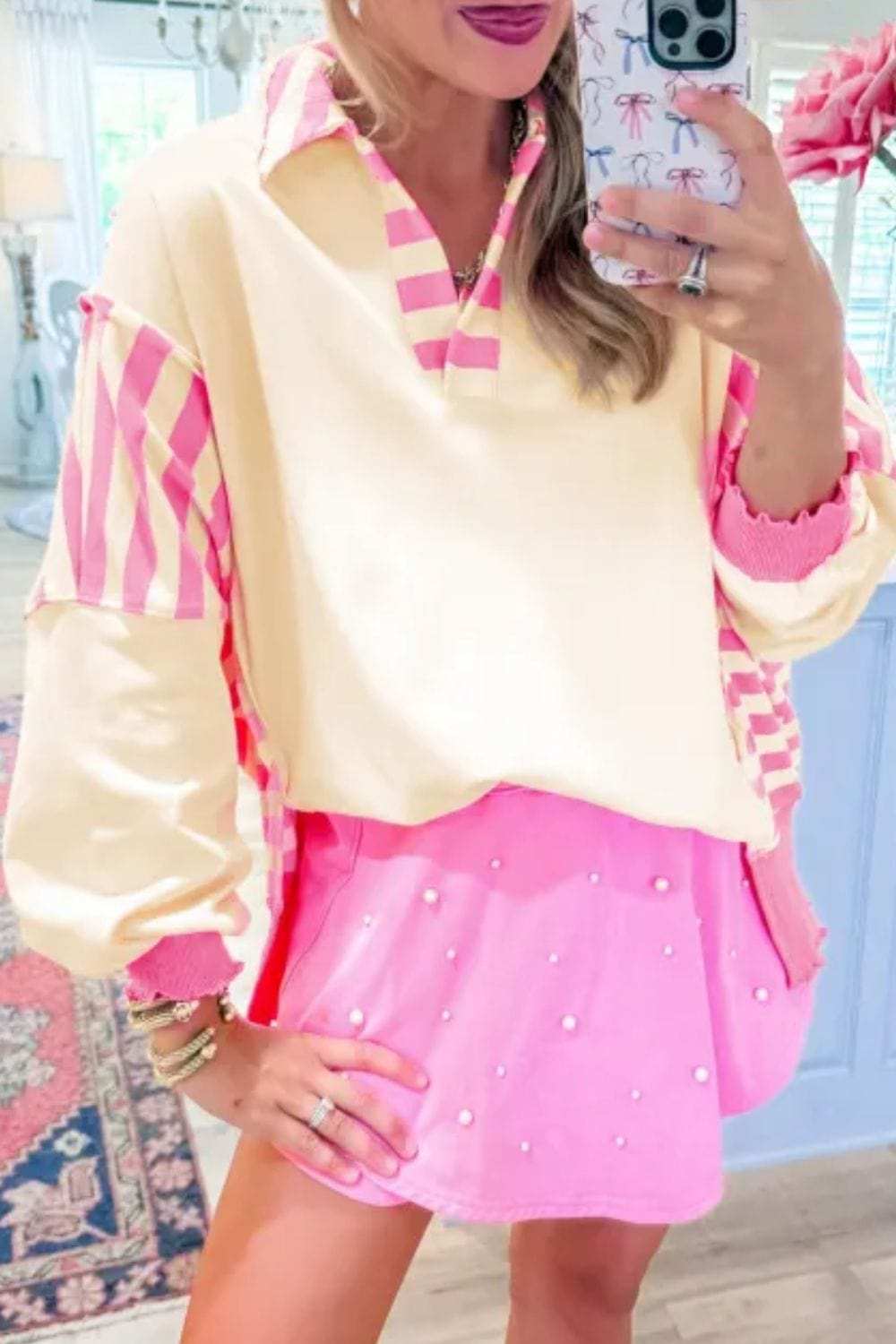 Striped Johnny Collar Long Sleeve Sweatshirt - Trendsi - Flyclothing LLC