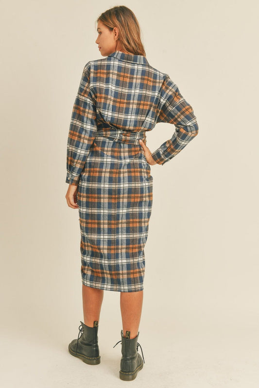 Mable Plaid Flannel Front Tie Button Down Shirt Dress - Trendsi