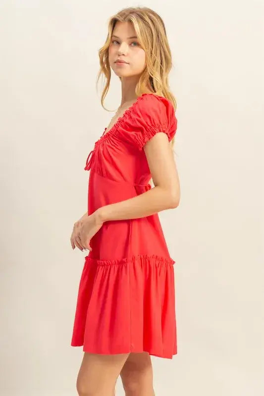 HYFVE Ruched Frill Tiered Short Sleeve Mini Dress - Trendsi - Flyclothing LLC