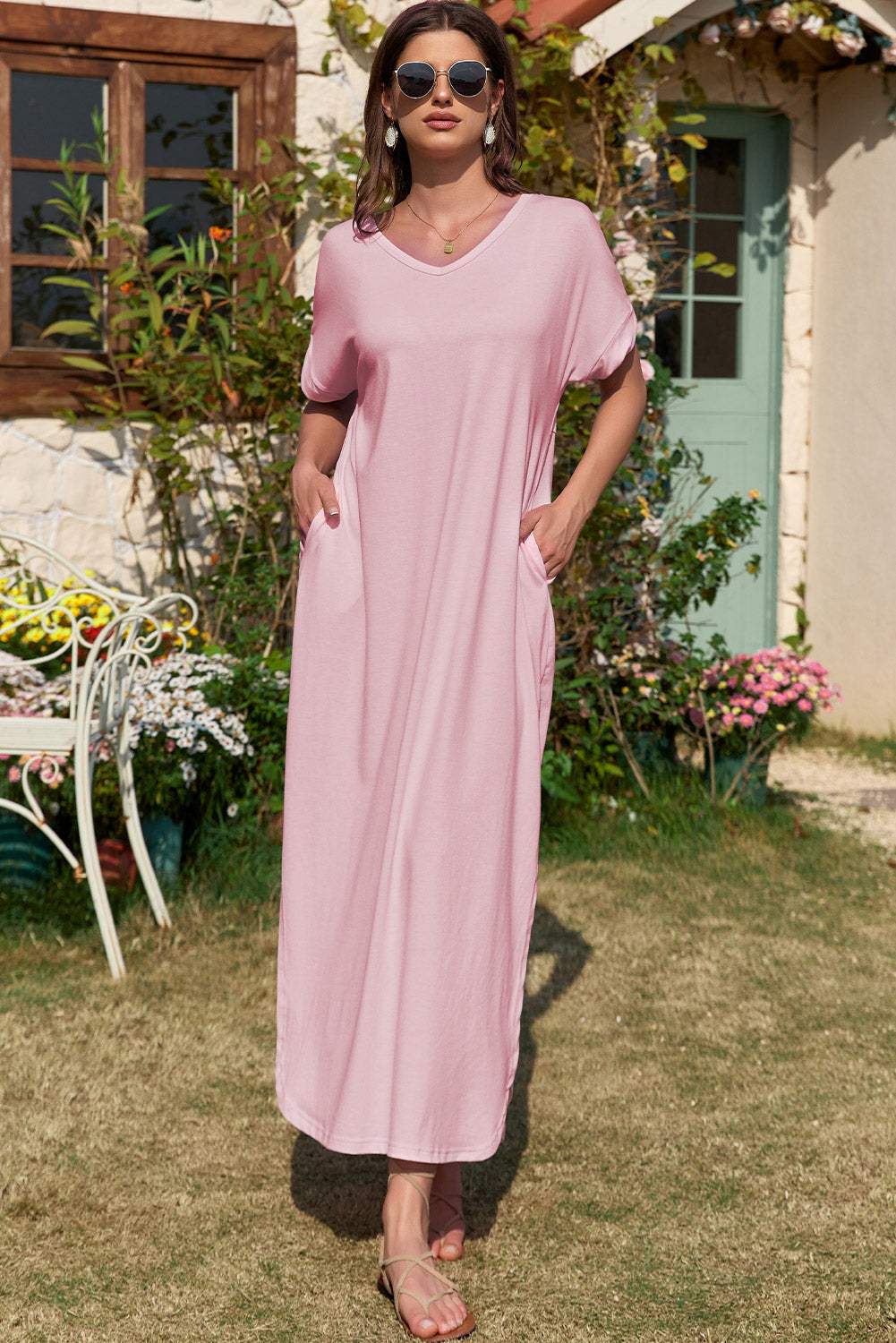 Slit Pocketed V-Neck Short Sleeve Dress - Trendsi - Flyclothing LLC