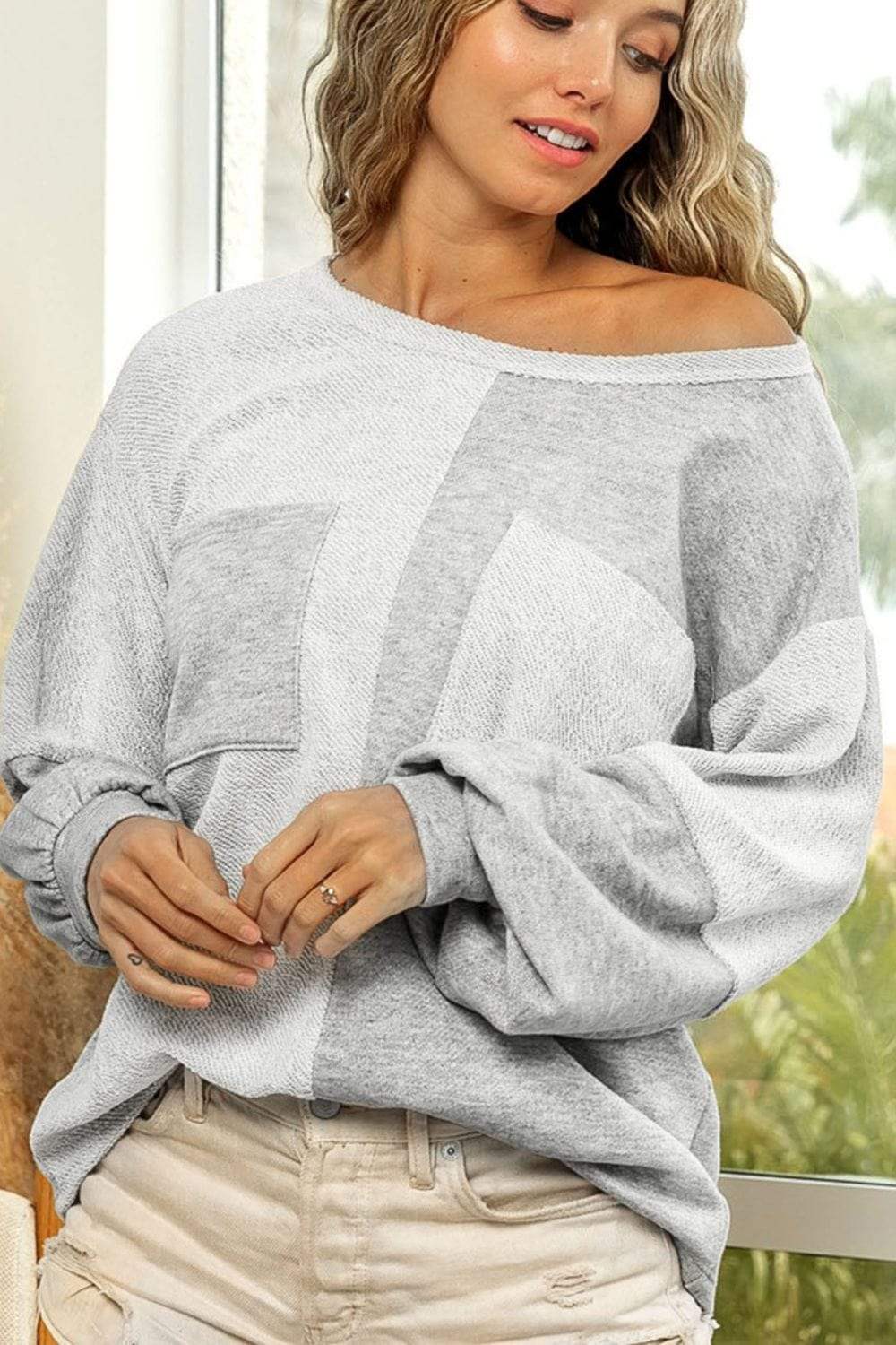 Color Block Double Chest Pocket Boat Neck Top - Trendsi - Flyclothing LLC