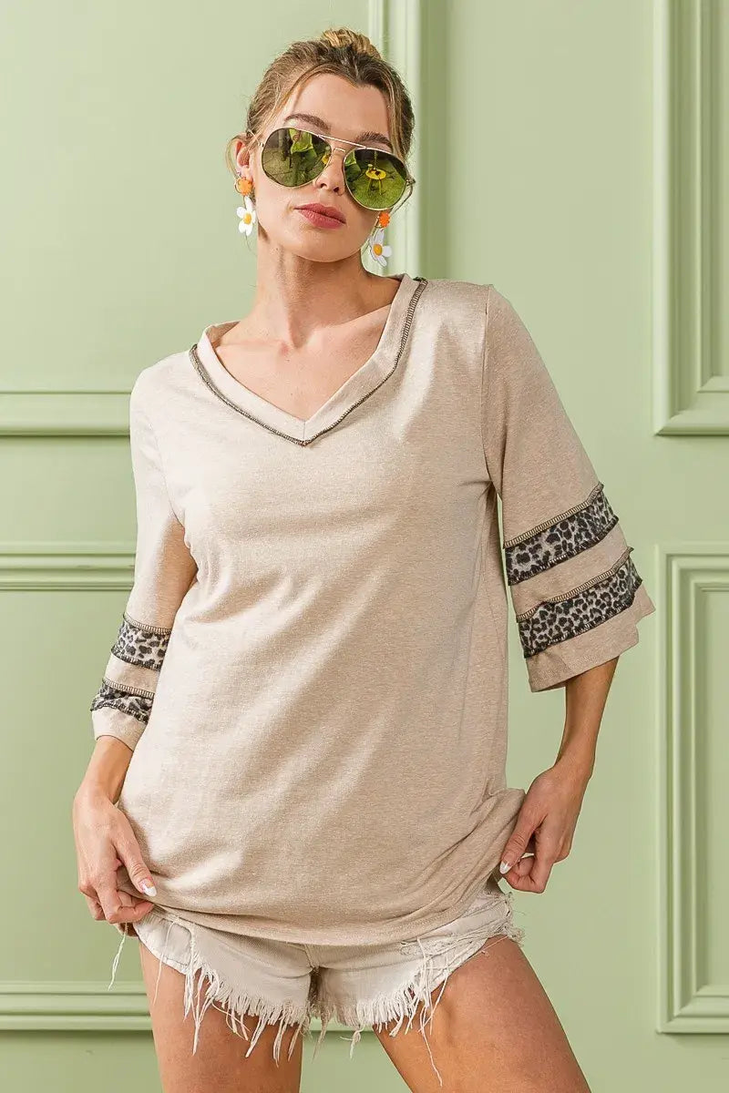 BiBi Triblend Knit Top with Leopard Band Detail - Trendsi - Flyclothing LLC