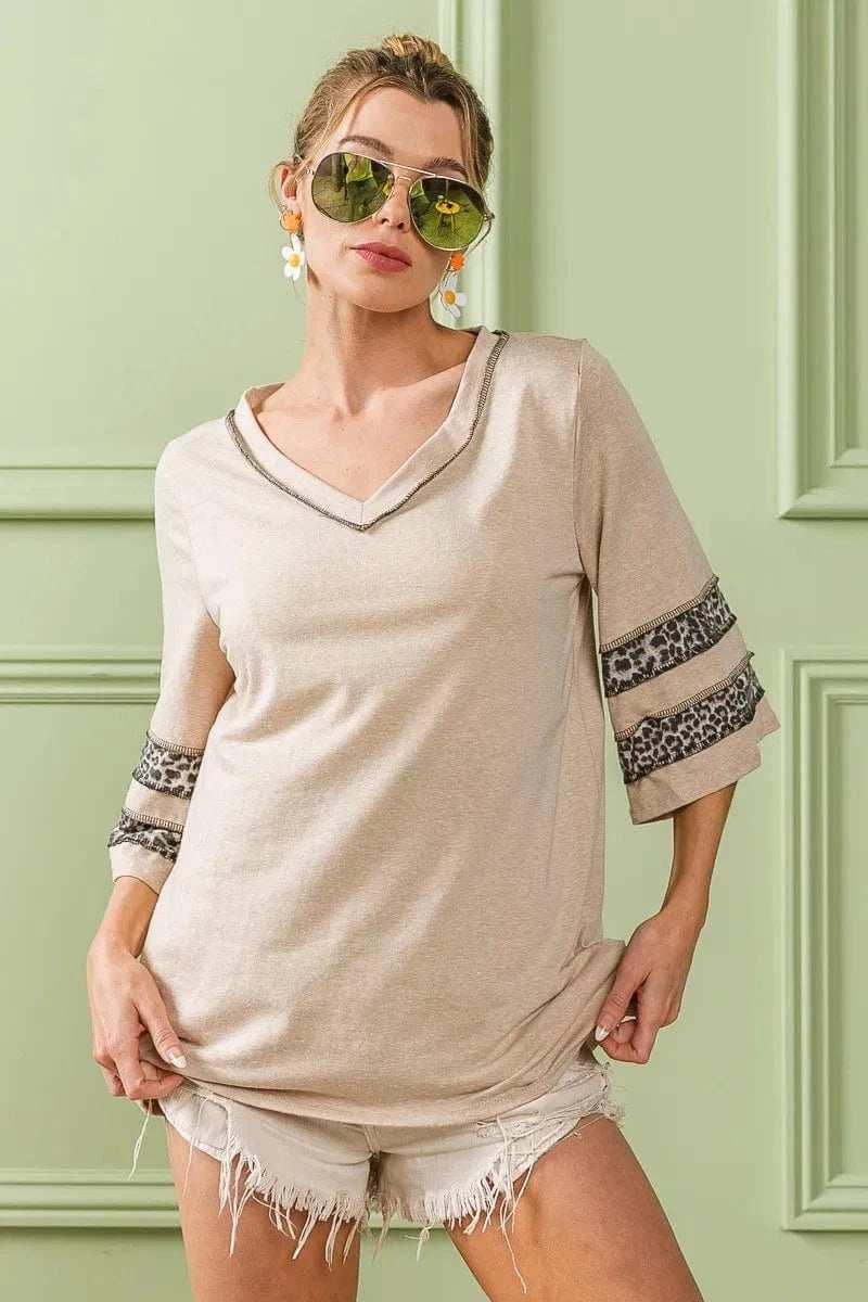 BiBi Triblend Knit Top with Leopard Band Detail - Trendsi - Flyclothing LLC