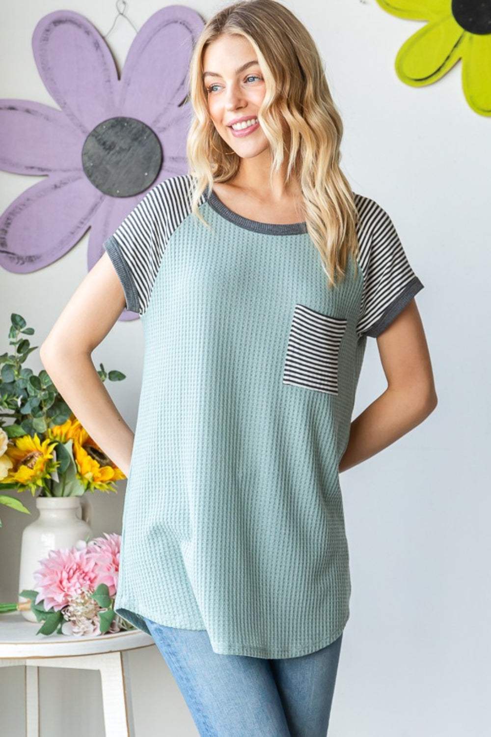 Heimish Full Size Striped Short Sleeve Waffle T-Shirt - Trendsi - Flyclothing LLC