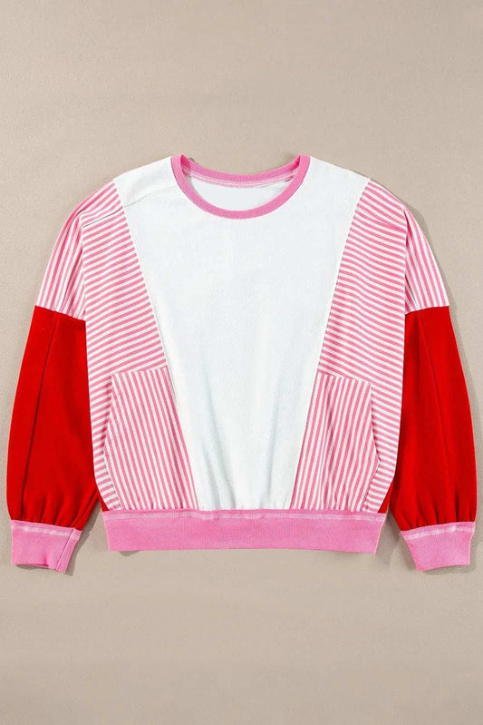 Striped Color Block Round Neck Long Sleeve Sweatshirt - Trendsi - Flyclothing LLC