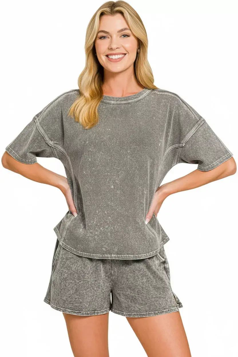 Zenana Halo Snow Washed Short Sleeve Tee and Shorts Set - Trendsi - Flyclothing LLC