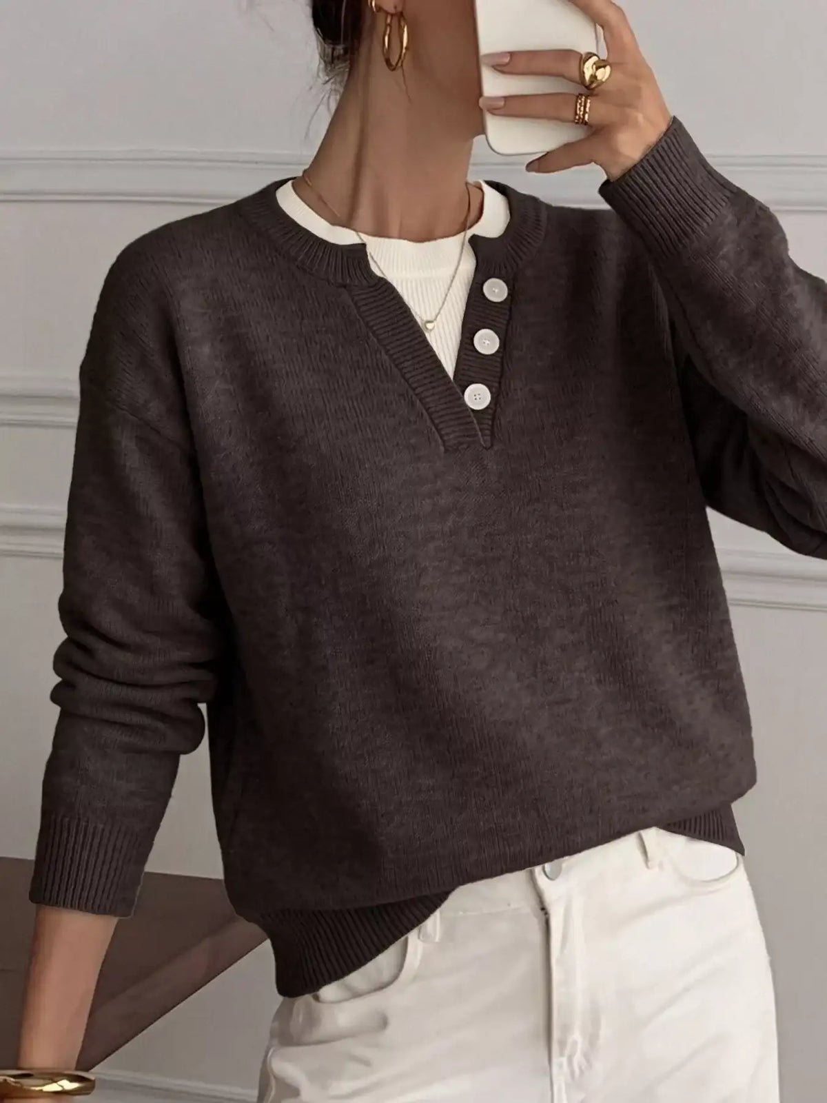 Decor Button-Placket Ribbed Knit Sweater - Trendsi - Flyclothing LLC
