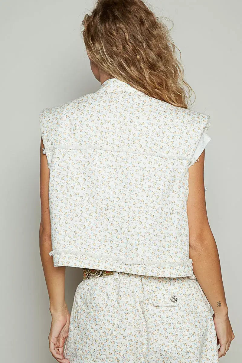 POL Assymetrical Front Closure Raw Hem Floral Denim Vest - Trendsi - Flyclothing LLC