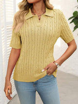 Mandy Cable Knit Johnny Collar Half Sleeve Sweater - Trendsi - Flyclothing LLC