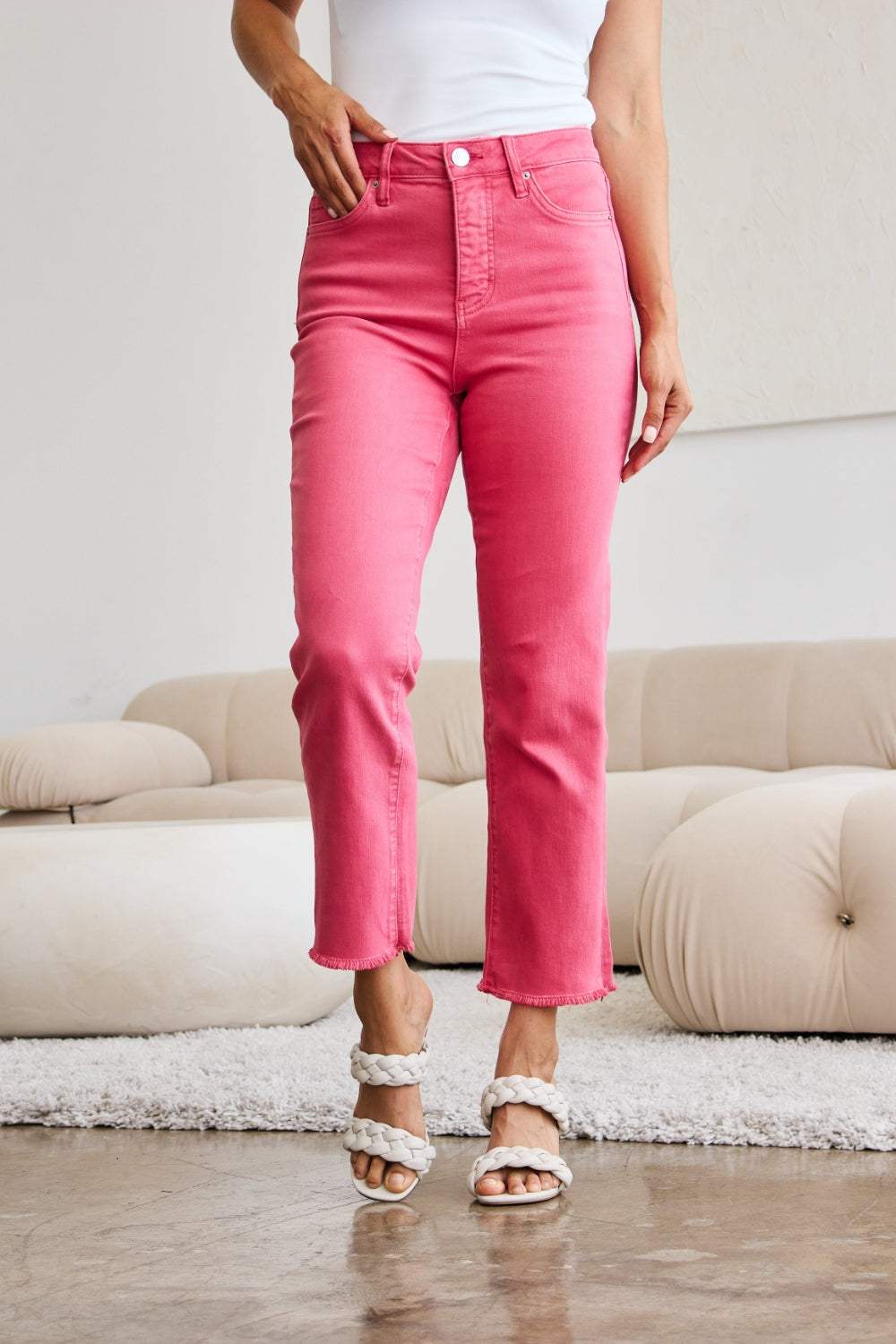 RFM Crop Dylan Full Size Tummy Control High Waist Raw Hem Jeans - Trendsi - Flyclothing LLC