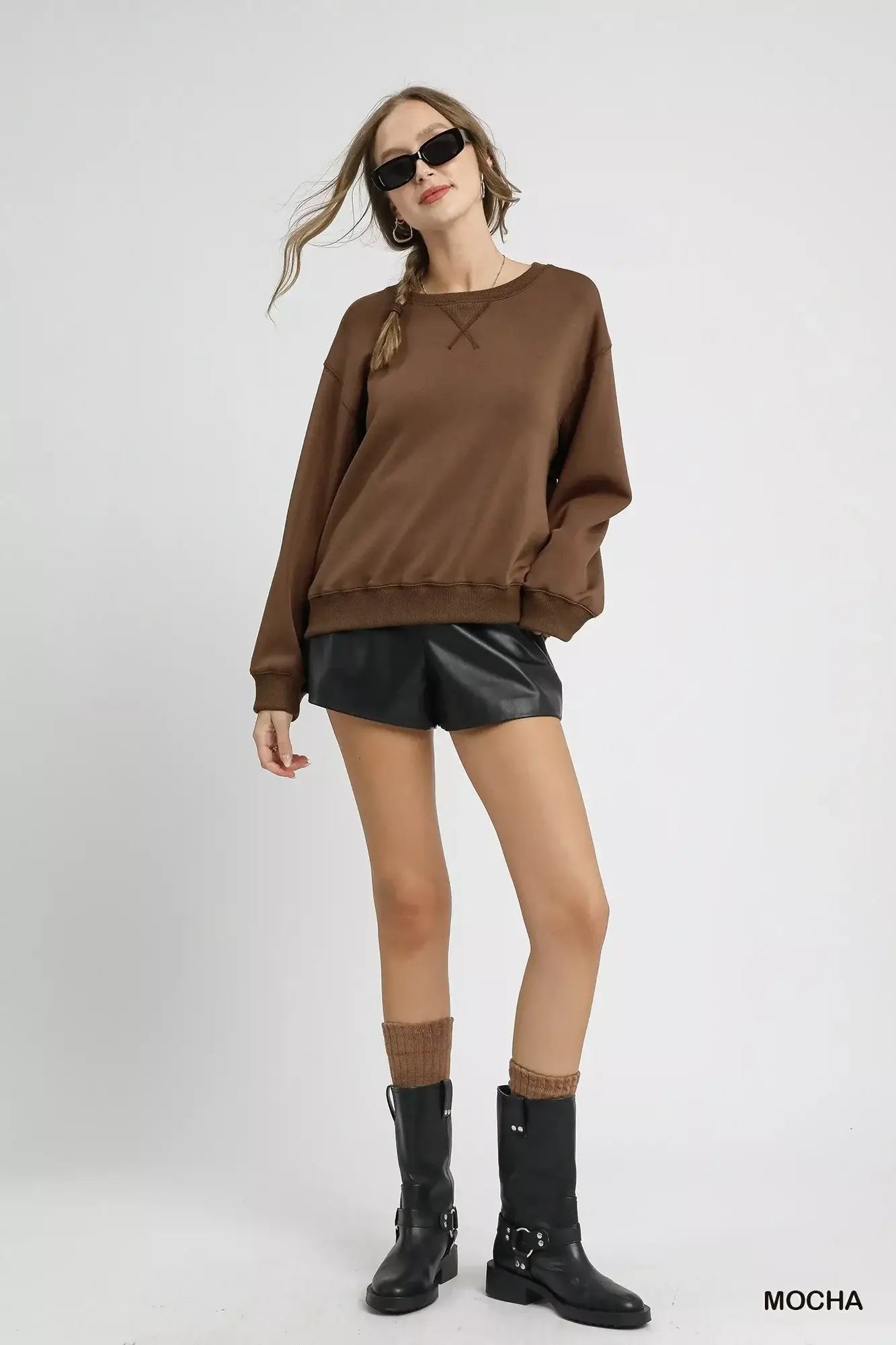 Umgee Round Neck Long Sleeve Fleece Sweatshirt - Trendsi - Flyclothing LLC