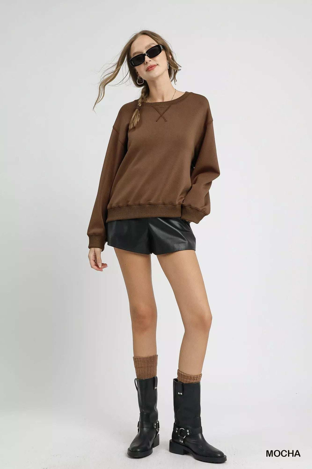 Umgee Round Neck Long Sleeve Fleece Sweatshirt - Trendsi - Flyclothing LLC